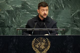 Volodymyr Zelensky speaks during the United Nations General Assembly (UNGA) at the United Nations headquarters